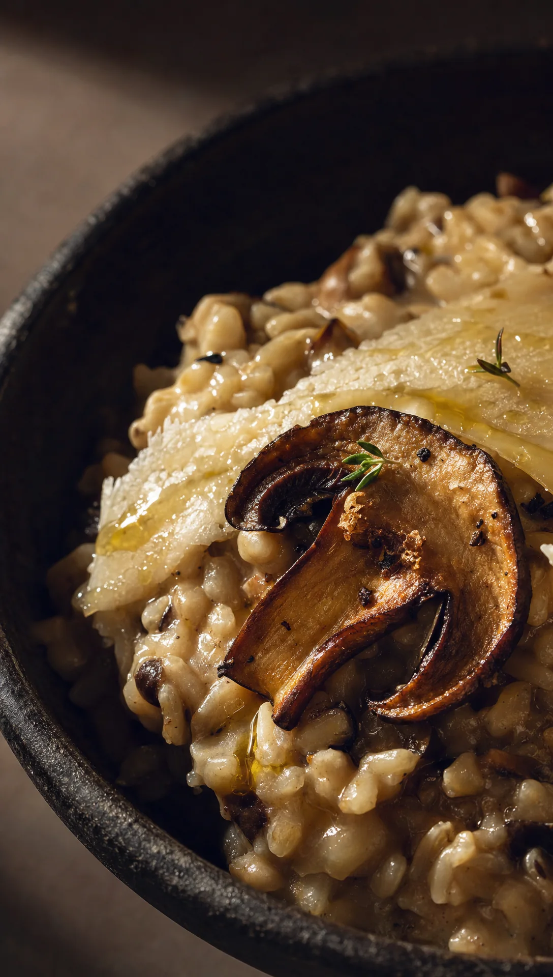Wild mushroom risotto with shaved parmesan and thyme, in a dark bowl